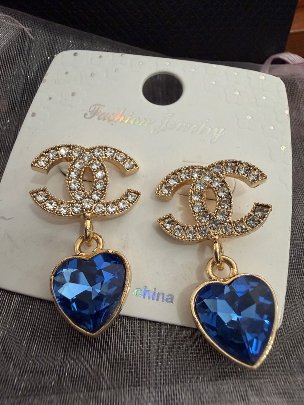Gold Crystal Double-C Logo Earrings with Blue Heart Drops - Picture 1 of 3